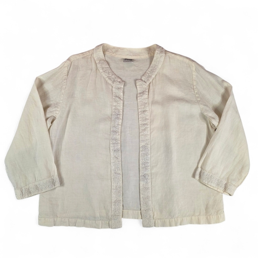 Vintage 90s CP Shades 100% Linen Cream Embroidered Open Front Jacket Boho Medium